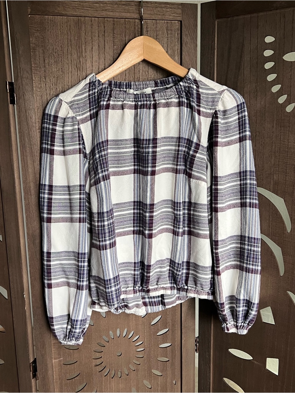 Anthropologie Cloth & Stone Glacier Plaid Peasant Blouse Plaid Top Size XS